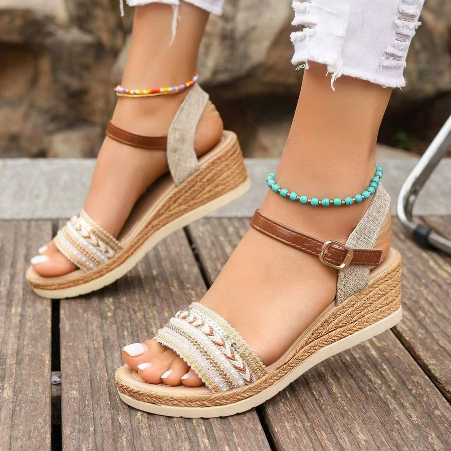 2024 New Summer Women Wedge Heel Waterproof Non-Slip Sandals With Fashionable Chunky Heel Strap Buckle High Heels For Outdoor Use
