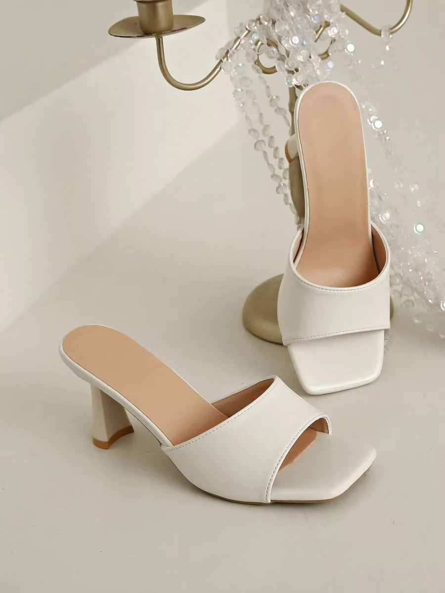 Women's Thick High Heel Sandals, Summer, Solid Color, Open Toe, Slip-On, Suitable For Ladies High Heel Slide,Kitten Heels