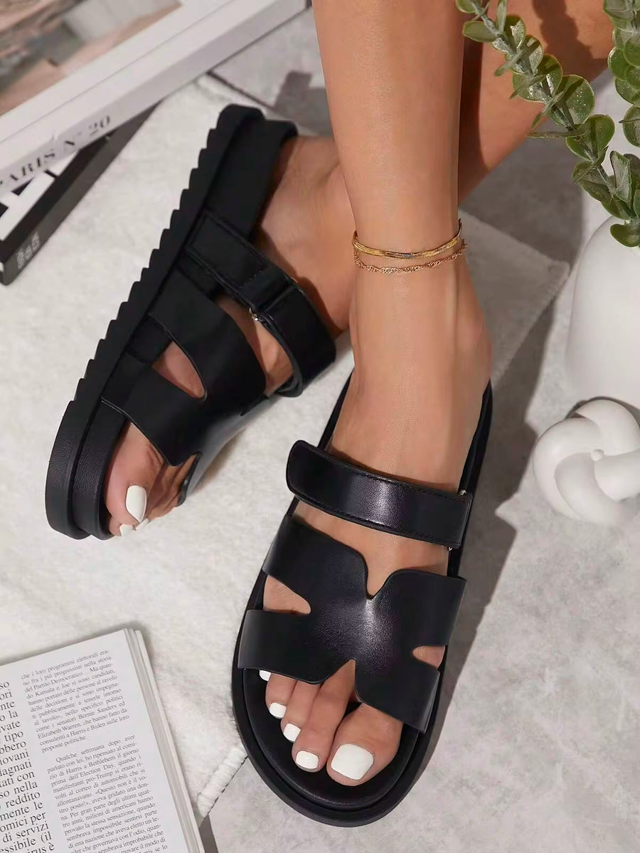 SHUZIA Faux Leather Cutout Design Black Pu Detailing Slip On Sandals Valentine's Day Summer Shoes